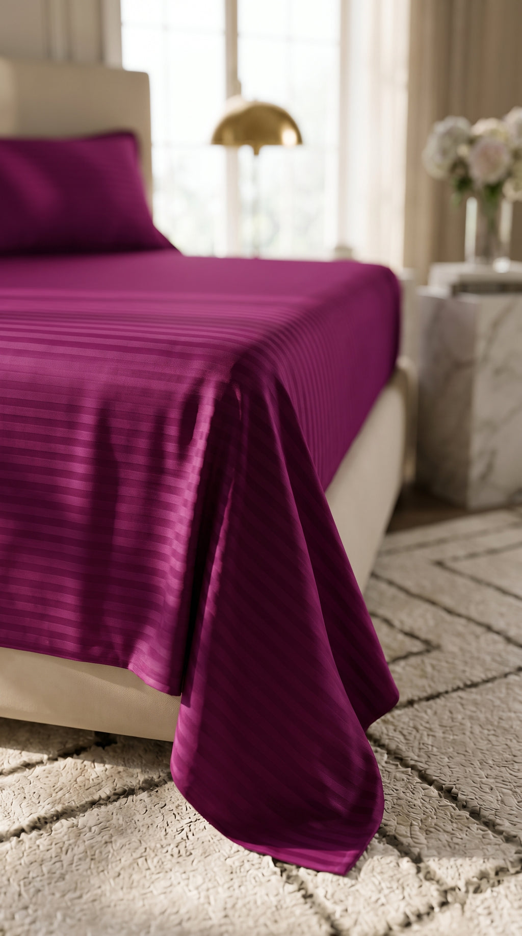 Plum Magenta Stripe Fitted Bedsheet – King Size | Micro Cotton, Soft & Breathable