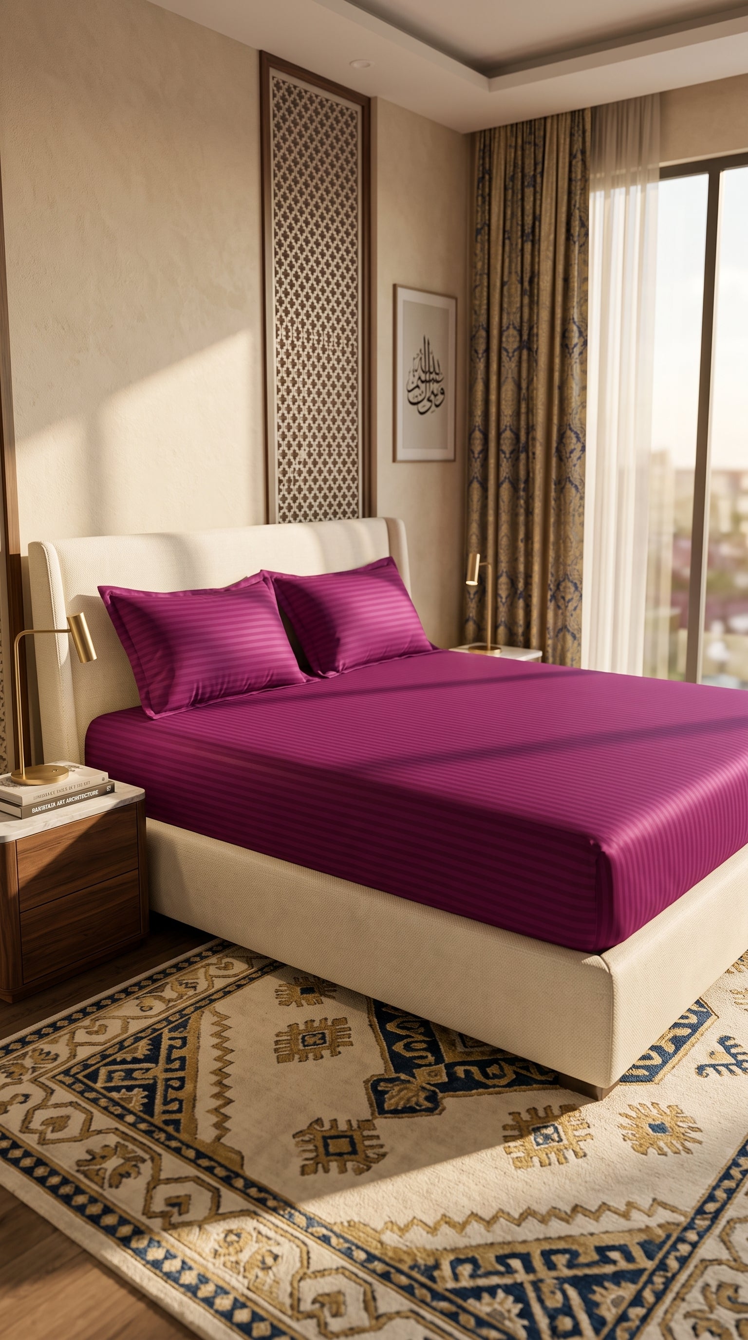 Plum Magenta Stripe Fitted Bedsheet – King Size | Micro Cotton, Soft & Breathable