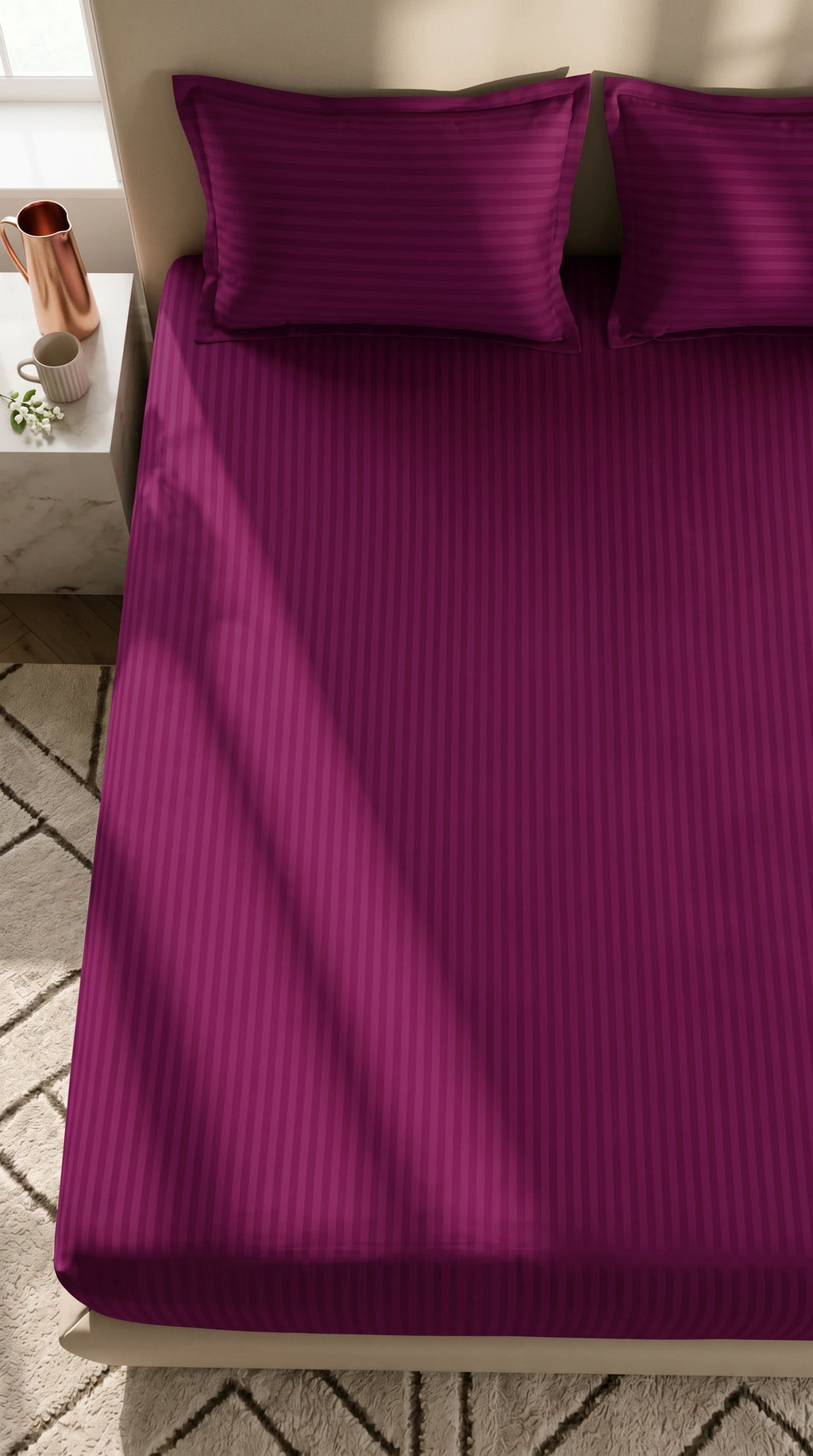 Plum Magenta Stripe Fitted Bedsheet – King Size | Micro Cotton, Soft & Breathable