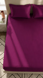 Plum Magenta Stripe Fitted Bedsheet – King Size | Micro Cotton, Soft & Breathable