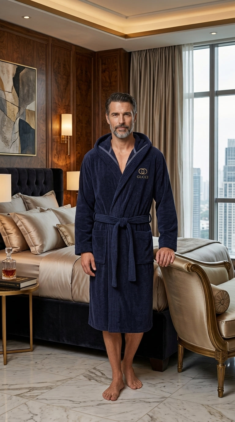 Unisex Velvet Cotton Bathrobe | Premium Light Navy Blue Luxury Robe