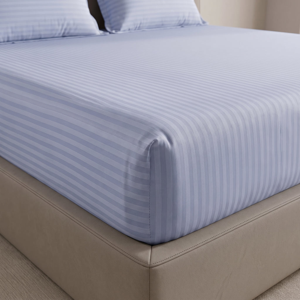 Ice Blue Stripe Fitted Bedsheet – King Size | 100% Micro Cotton Elastic Deep Pocket Bed Sheet