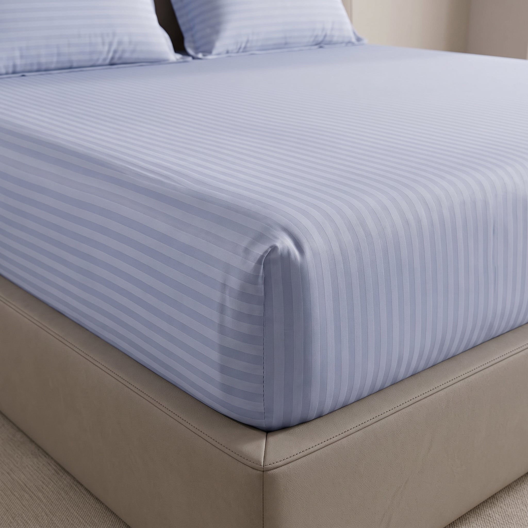 Ice Blue Stripe Fitted Bedsheet – King Size | 100% Micro Cotton Elastic Deep Pocket Bed Sheet