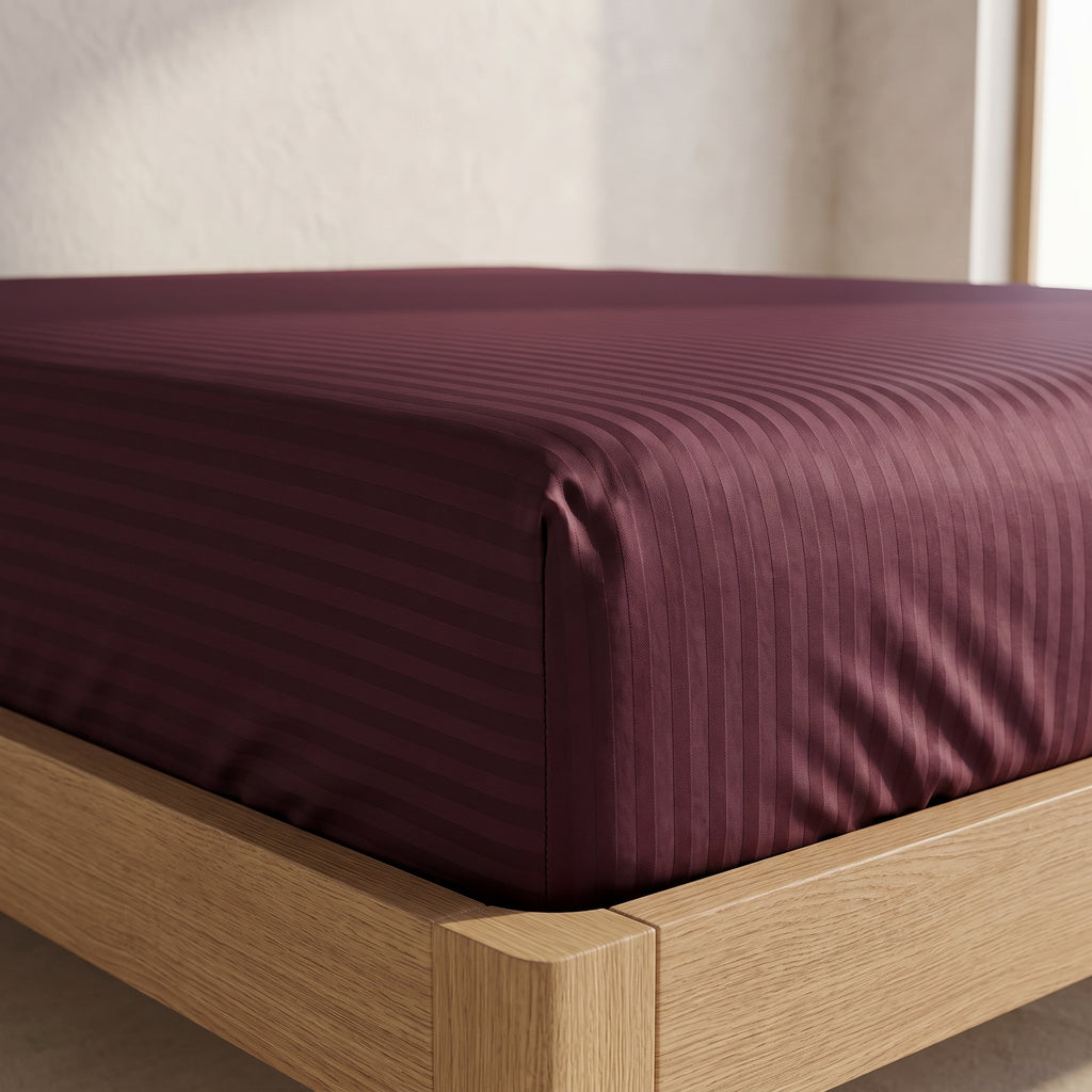 Deep Red Stripe Fitted Bedsheet – King Size | 100% Micro Cotton Elastic Deep Pocket Bed Sheet