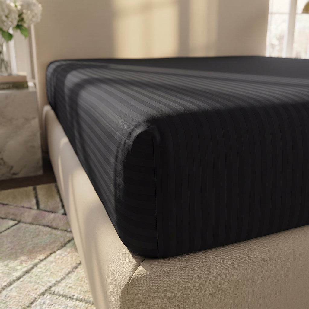 Black Stripe Fitted Bedsheet – King Size | 100% Cotton Elastic Deep Pocket Bed Sheet for Bedroom