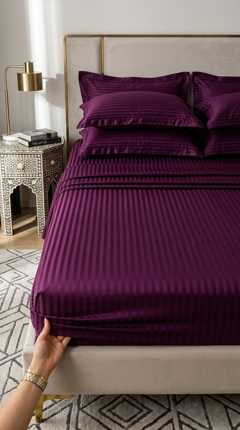 Royal Purple Stripe Fitted Bedsheet Set – King Size