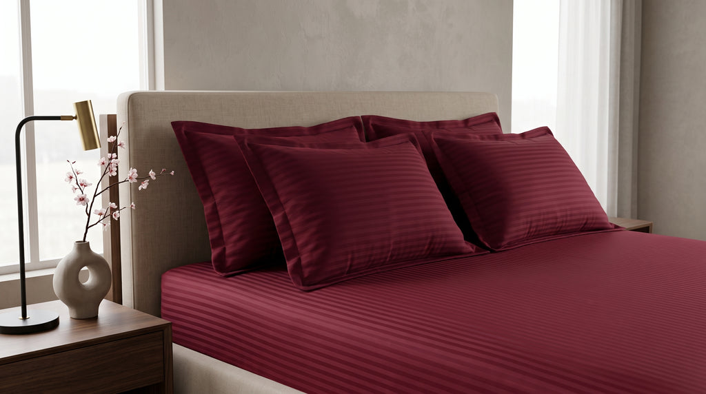 Deep Crimson Red Satin Stripe Fitted Bedsheet Set - King Size | Includes 2 Pillow Covers | Premium Cotton Bedding