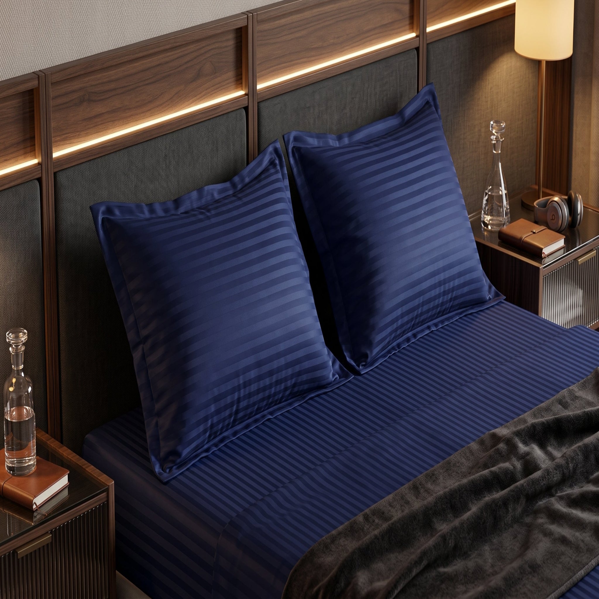 Navy Blue Stripe Fitted Bedsheet Set - King Size | Includes 2 Pillow Covers | Micro Cotton Bedding