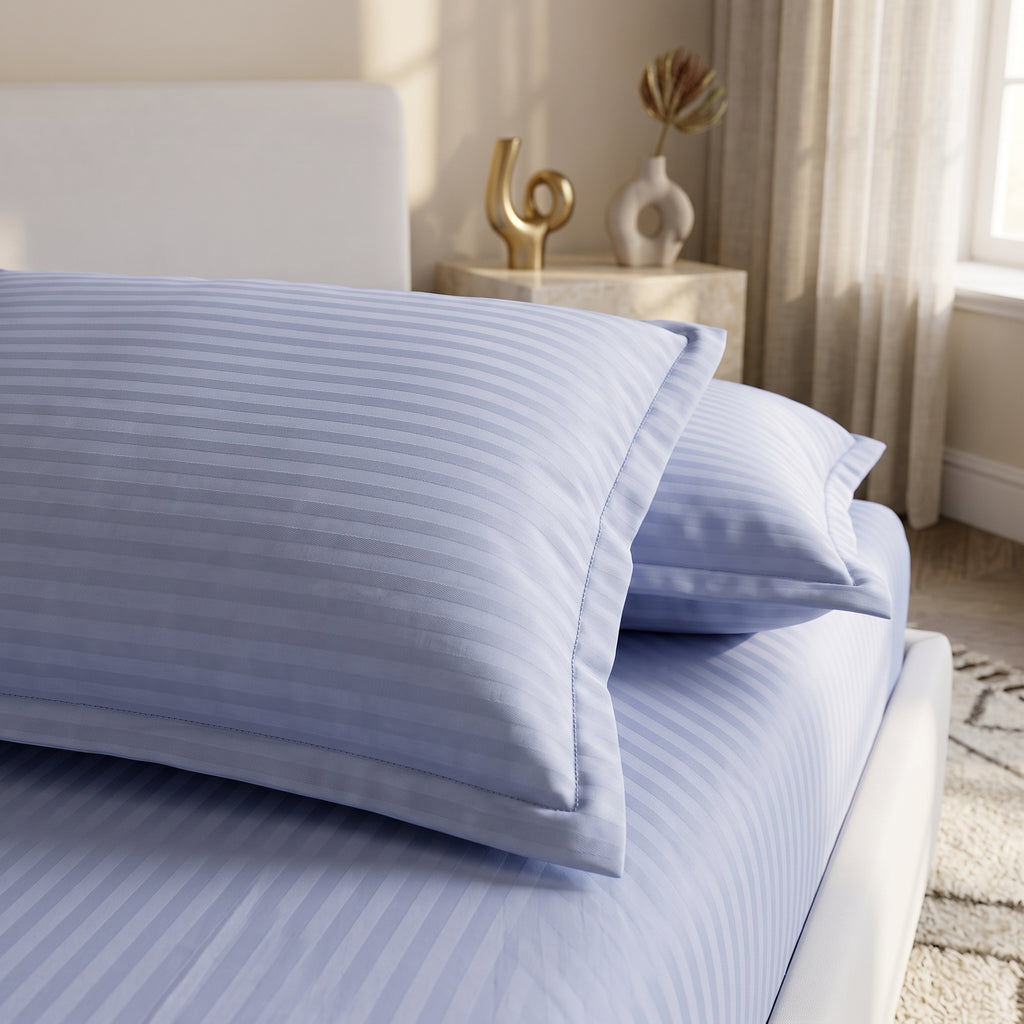 Ice Blue Stripe Fitted Bedsheet – King Size | 100% Micro Cotton Elastic Deep Pocket Bed Sheet