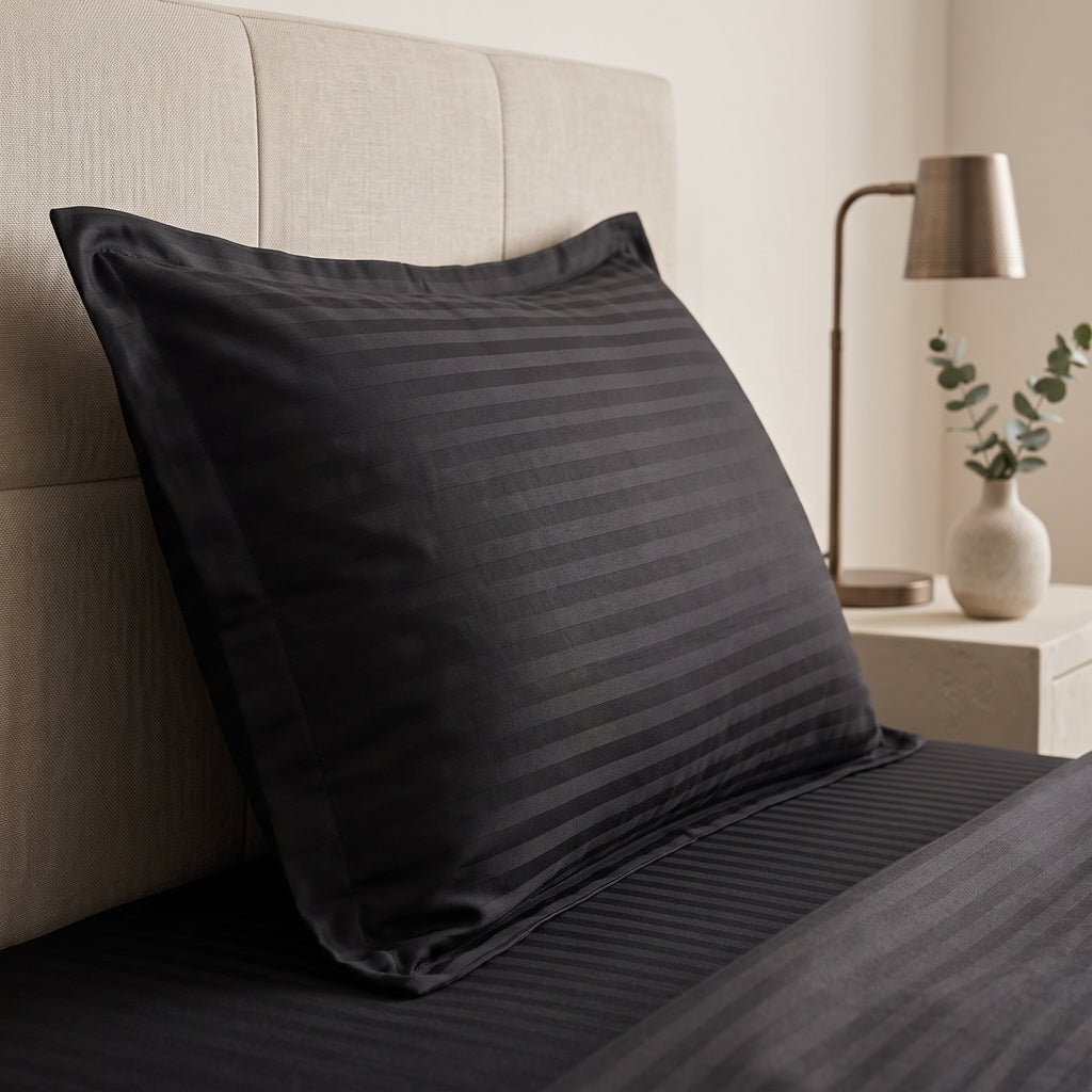 Black Stripe Fitted Bedsheet – King Size | 100% Cotton Elastic Deep Pocket Bed Sheet for Bedroom