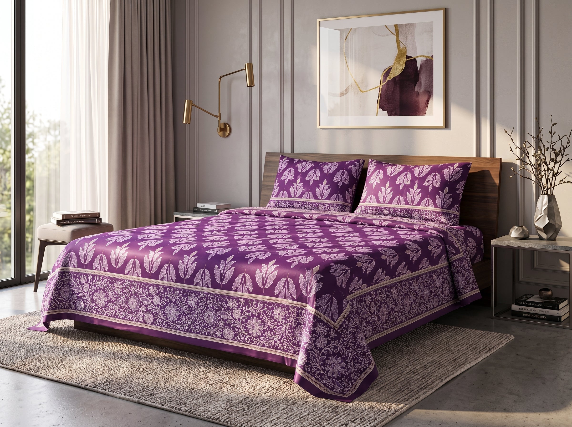 Micro Rich Cotton Double Bed Bedsheet Set – 93 x 96 Inches | Premium Soft Breathable Printed Bedding with 2 Pillow Covers