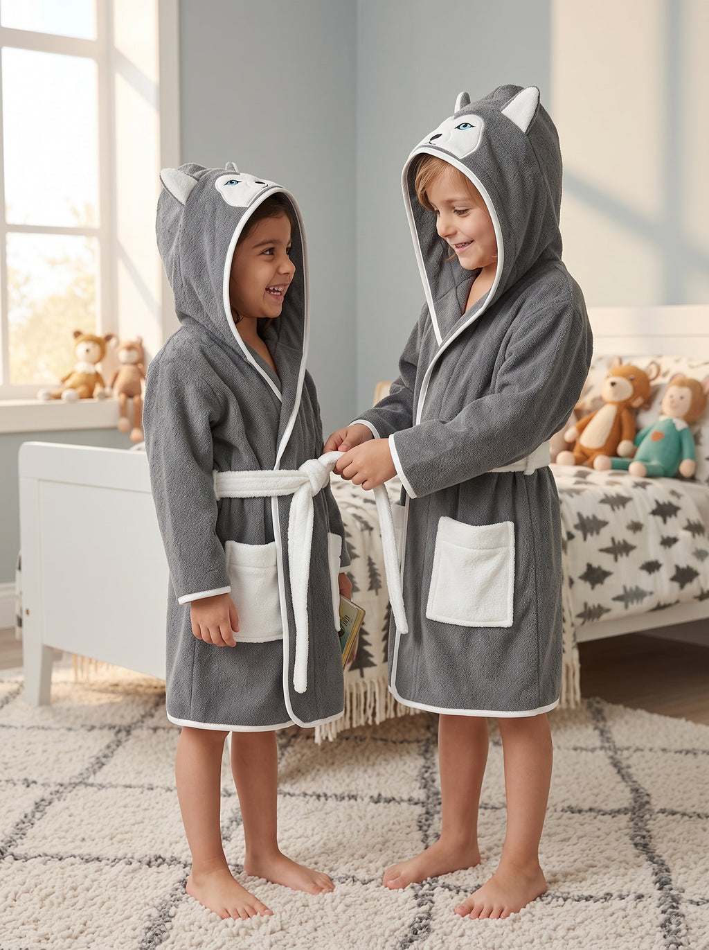 Wolf Hooded Kids Bathrobe – Dark Gray (Ages 4, 6, & 8)