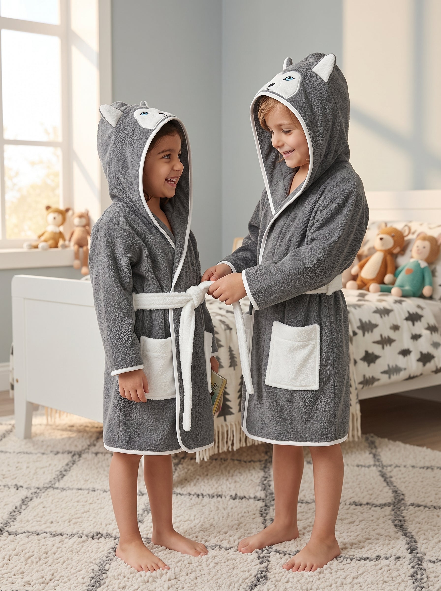 Wolf Hooded Kids Bathrobe – Dark Gray (Ages 4, 6, & 8)