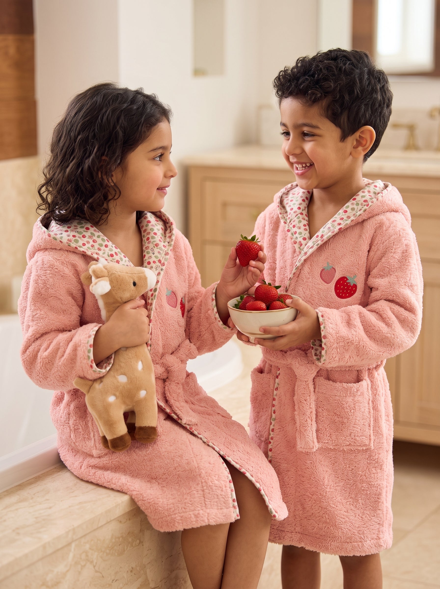 Strawberry Hooded Kids Bathrobe – Pink (Ages 1 to 3 Years)