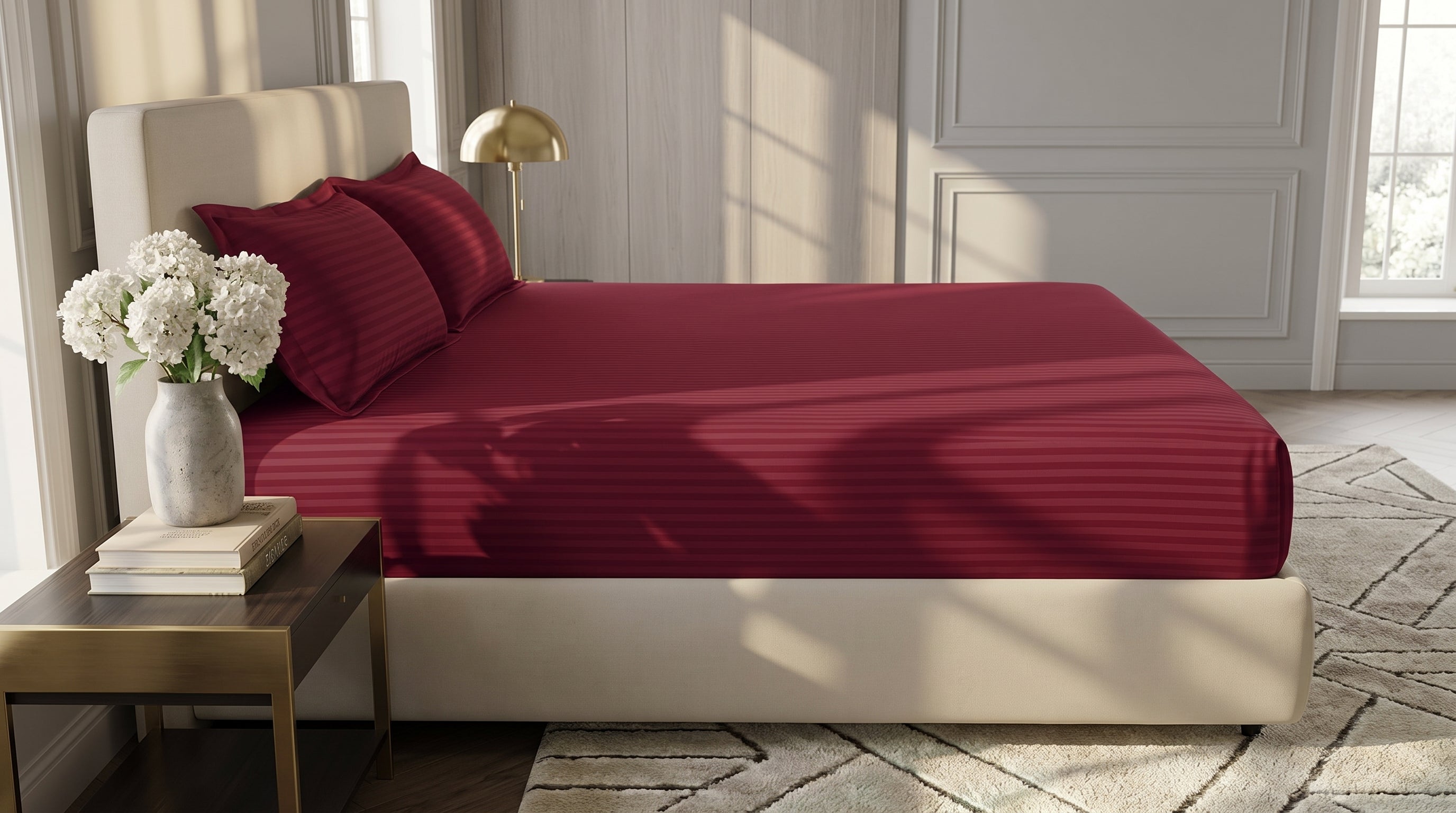 Deep Crimson Red Satin Stripe Fitted Bedsheet Set - King Size | Includes 2 Pillow Covers | Premium Cotton Bedding