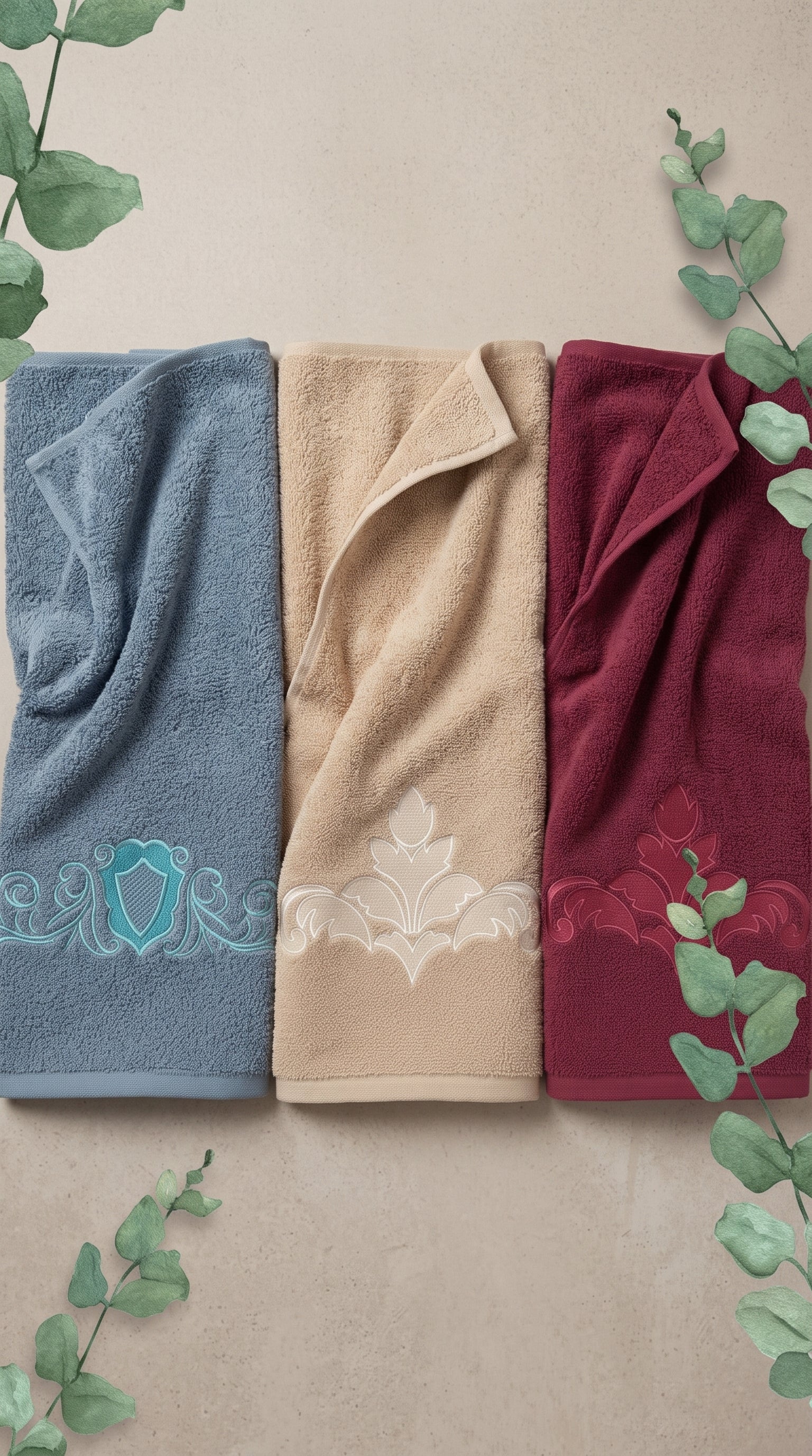 Pack of 3 Embroidered Hand Towels | Maroon, Beige & Teal, 100% Cotton, 50x90cm
