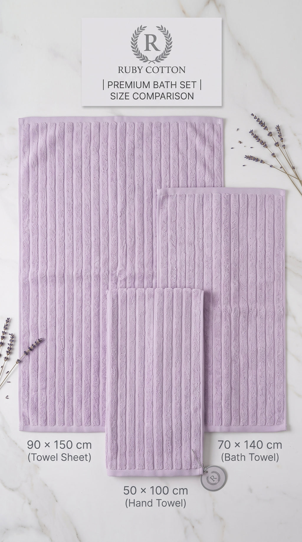 Luxury 100% Cotton Ribbed Towels | Soft Absorbent Bath Towel Set – Lavender