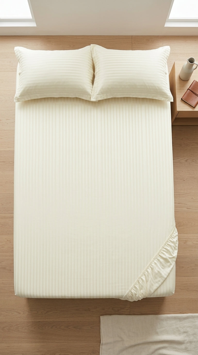 Ivory Stripe Fitted Bedsheet Set – King Size, Sateen Cotton
