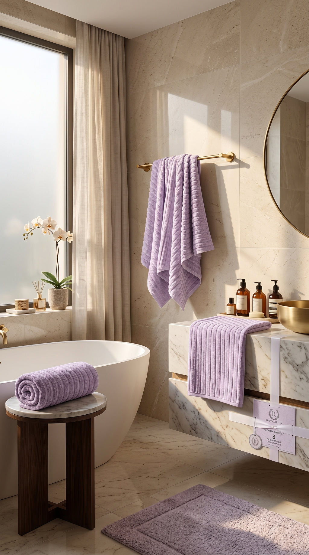 Luxury 100% Cotton Ribbed Towels | Soft Absorbent Bath Towel Set – Lavender