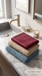 Pack of 3 Embroidered Hand Towels | Maroon, Beige & Teal, 100% Cotton, 50x90cm