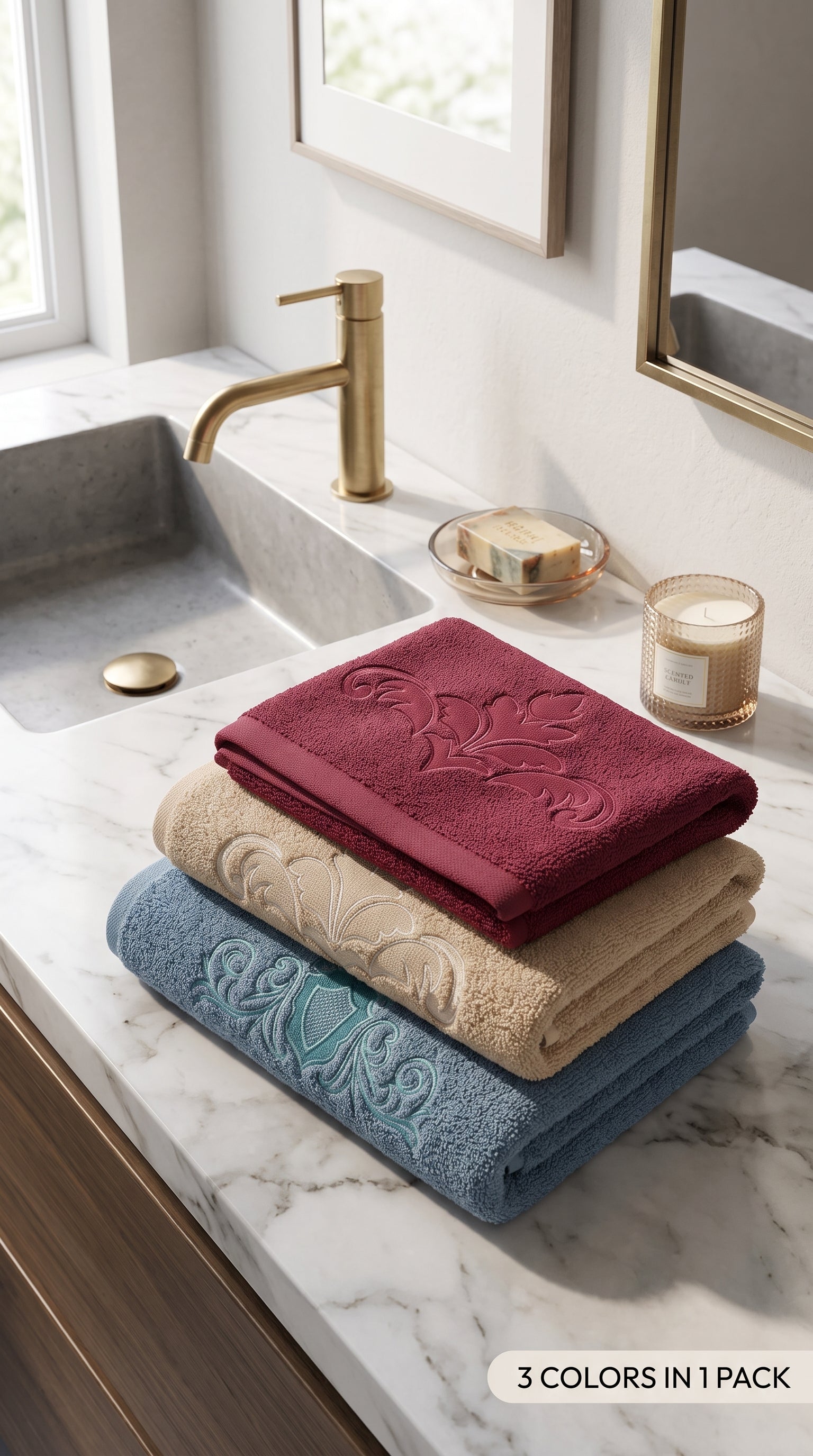 Pack of 3 Embroidered Hand Towels | Maroon, Beige & Teal, 100% Cotton, 50x90cm