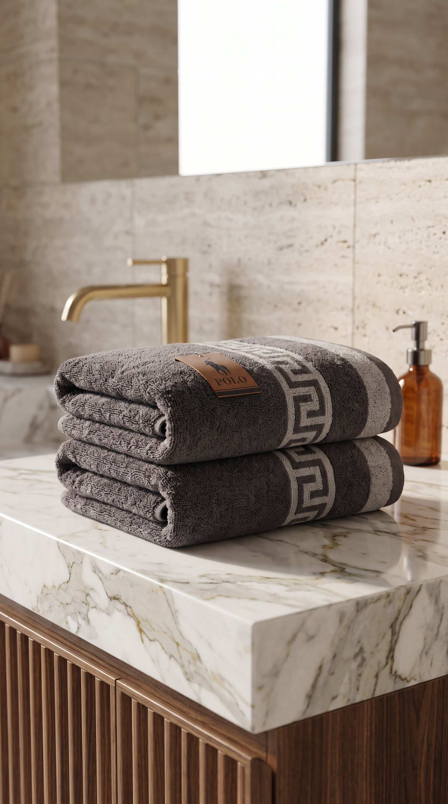 Grey Geometric Border Bath Towel Set of 2 | Premium Cotton, 70x140cm