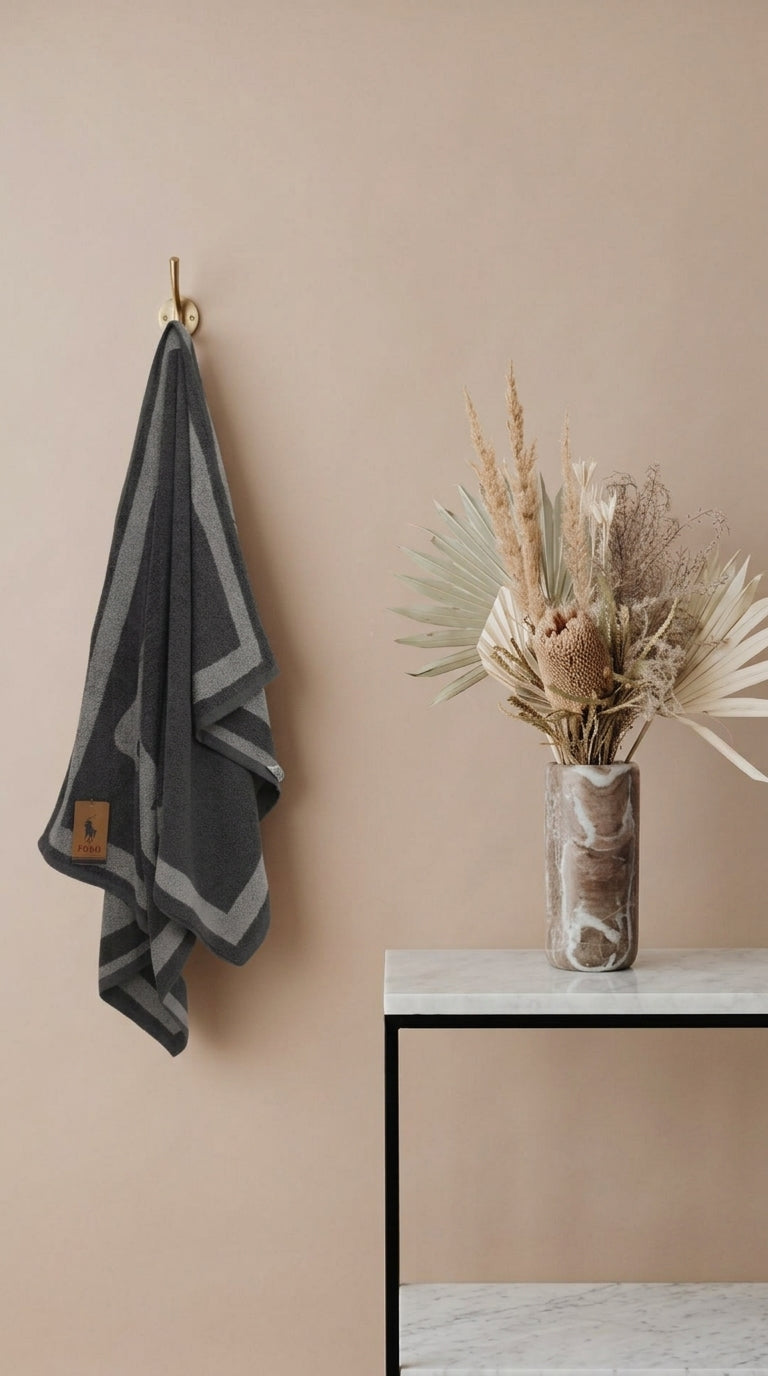 Grey Geometric Border Bath Towel Set of 2 | Premium Cotton, 70x140cm