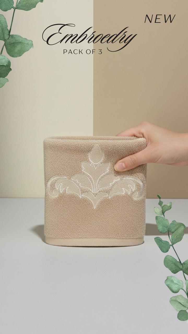 Pack of 3 Embroidered Hand Towels | Maroon, Beige & Teal, 100% Cotton, 50x90cm