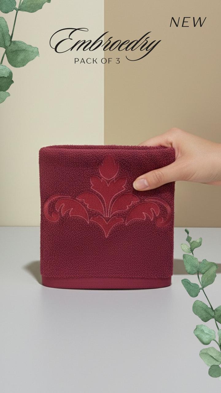 Pack of 3 Embroidered Hand Towels | Maroon, Beige & Teal, 100% Cotton, 50x90cm