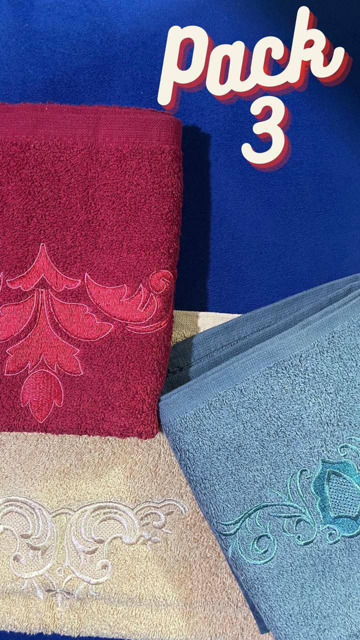 Pack of 3 Embroidered Hand Towels | Maroon, Beige & Teal, 100% Cotton, 50x90cm