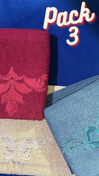 Pack of 3 Embroidered Hand Towels | Maroon, Beige & Teal, 100% Cotton, 50x90cm