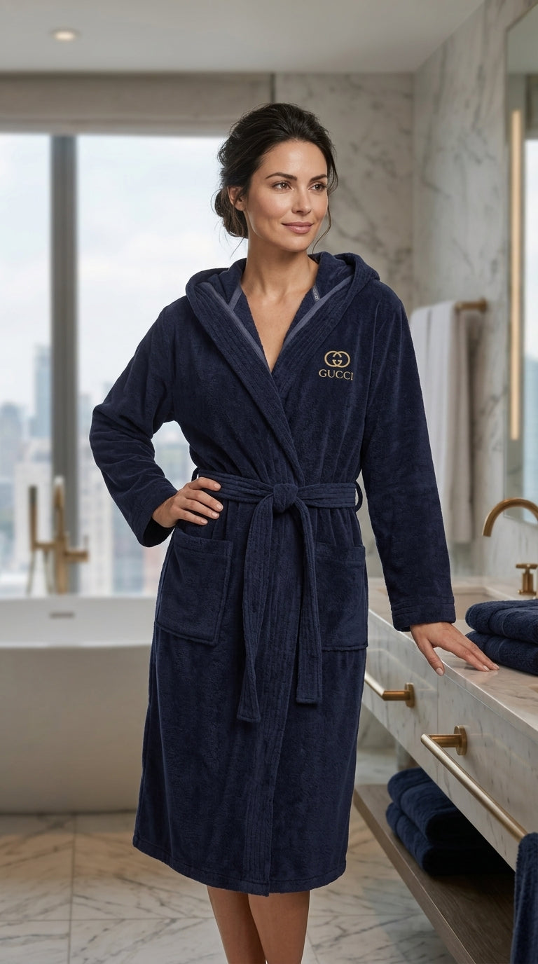 Unisex Velvet Cotton Bathrobe | Premium Light Navy Blue Luxury Robe