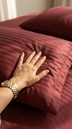 Burgundy Stripe Fitted Bedsheet Set – King Size, Sateen Cotton