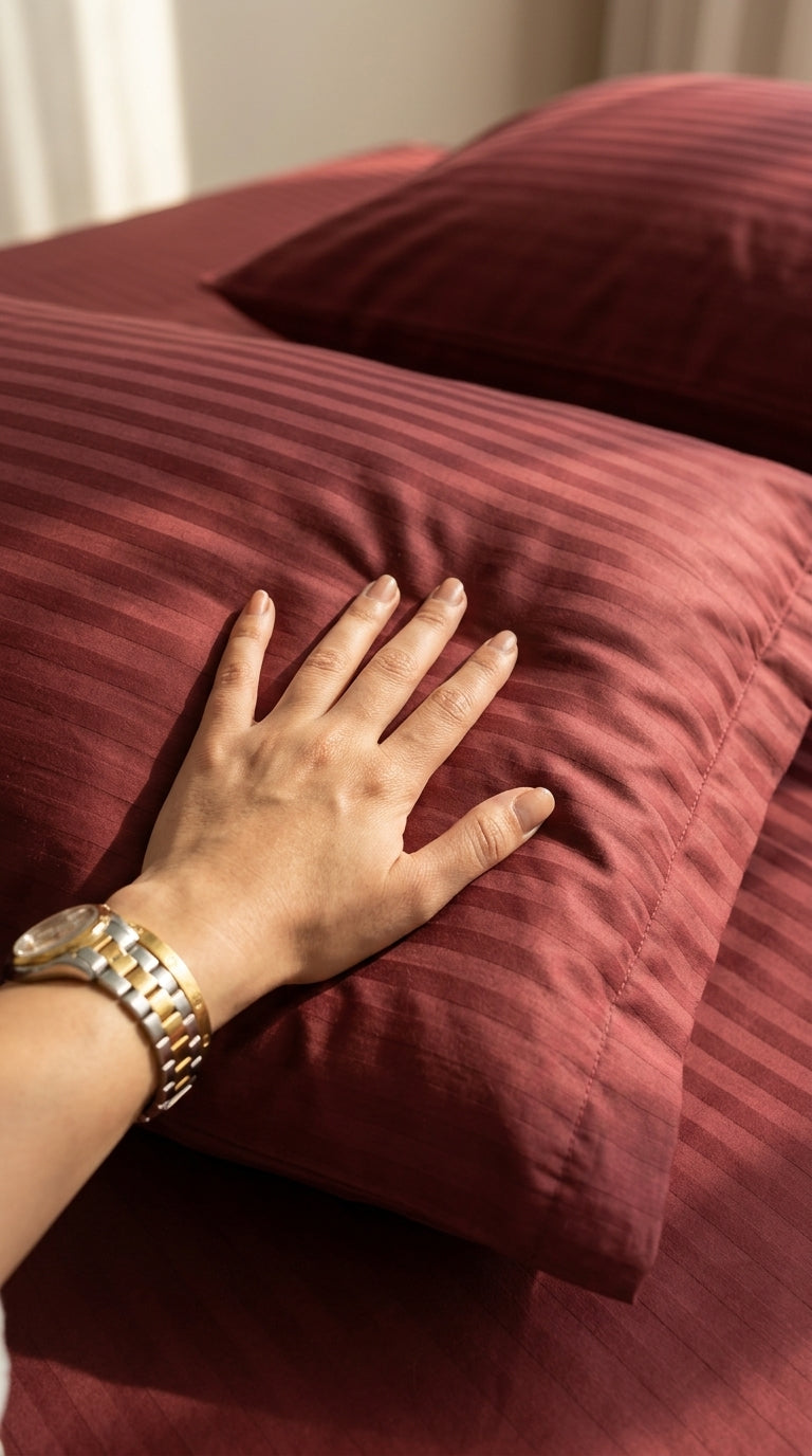 Burgundy Stripe Fitted Bedsheet Set – King Size, Sateen Cotton